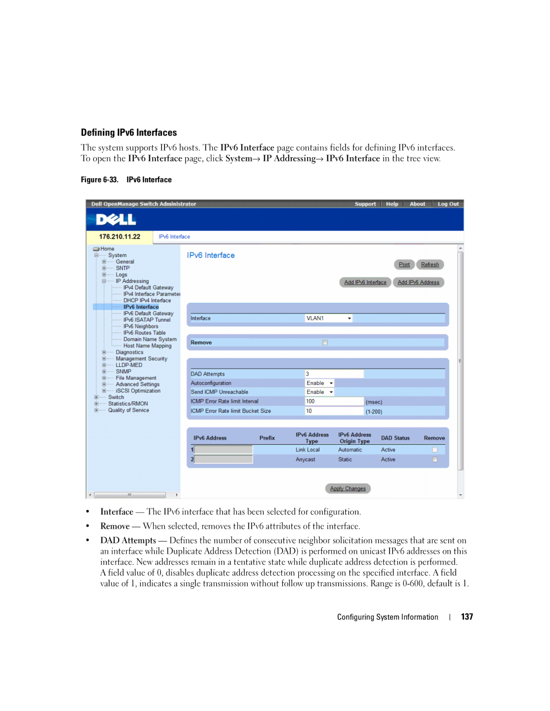 Dell 3548 manual Defining IPv6 Interfaces 