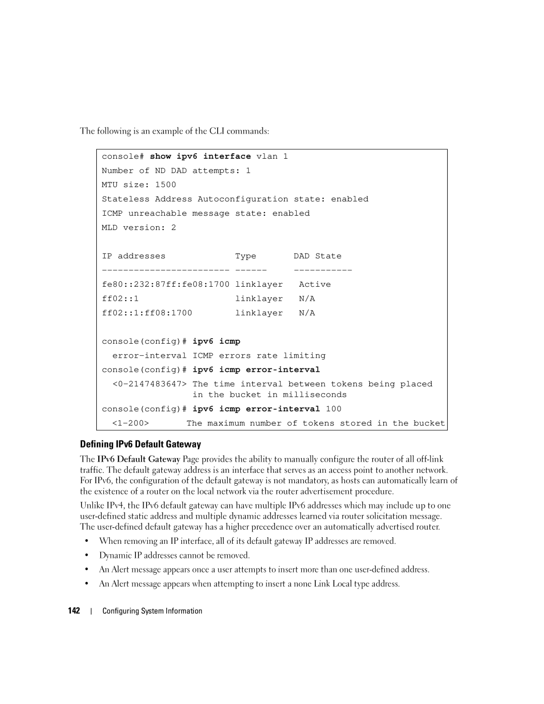 Dell 3548 manual Defining IPv6 Default Gateway, Console# show ipv6 interface vlan, Ipv6 icmp error-interval 