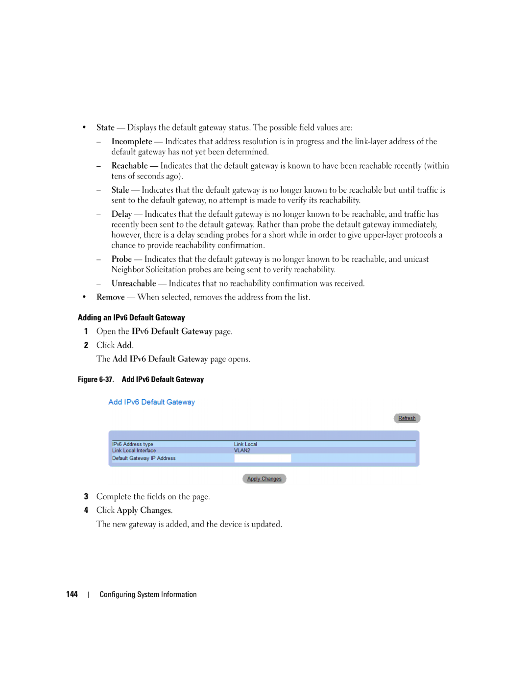 Dell 3548 manual Add IPv6 Default Gateway 