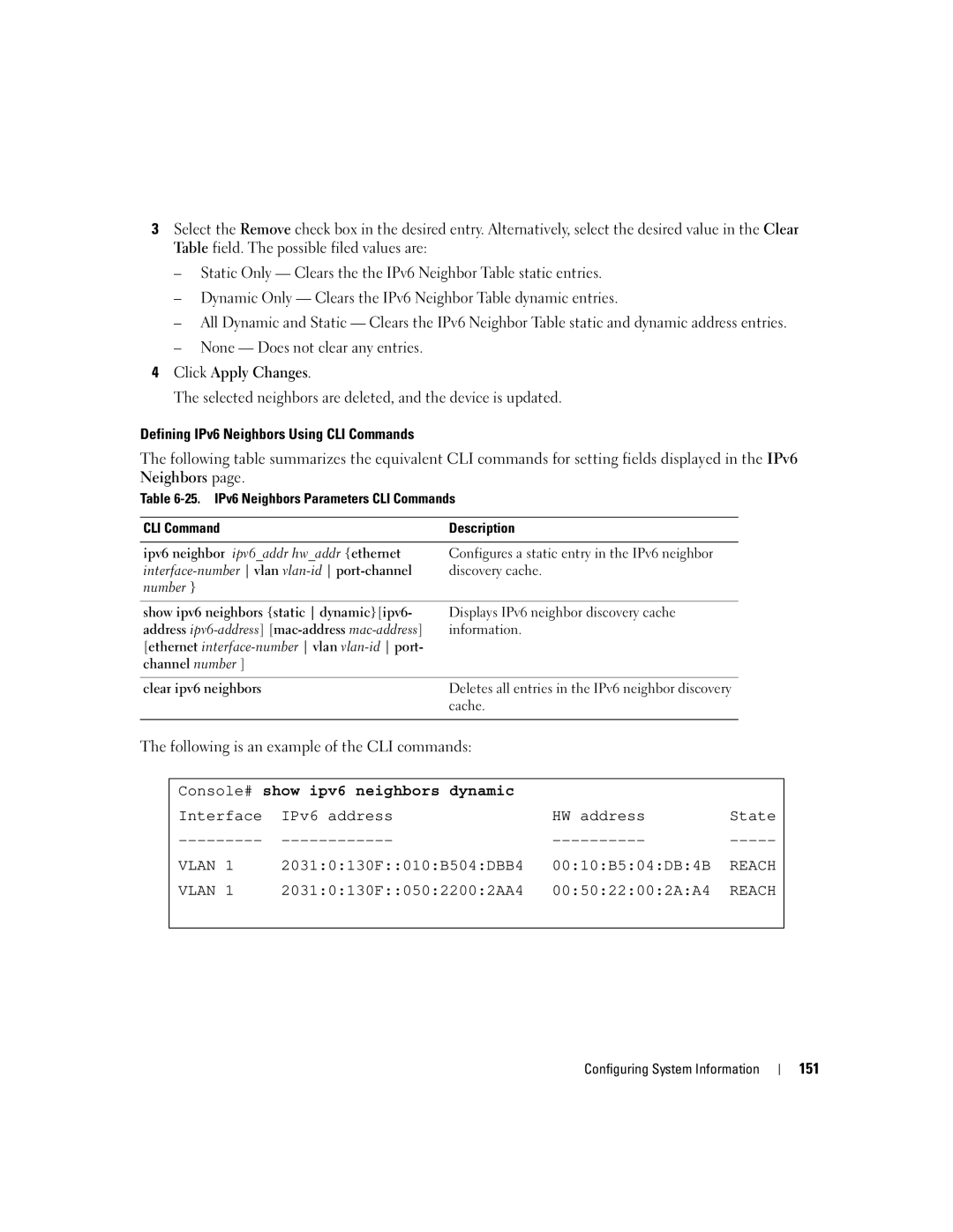 Dell 3548 manual Console# show ipv6 neighbors dynamic 