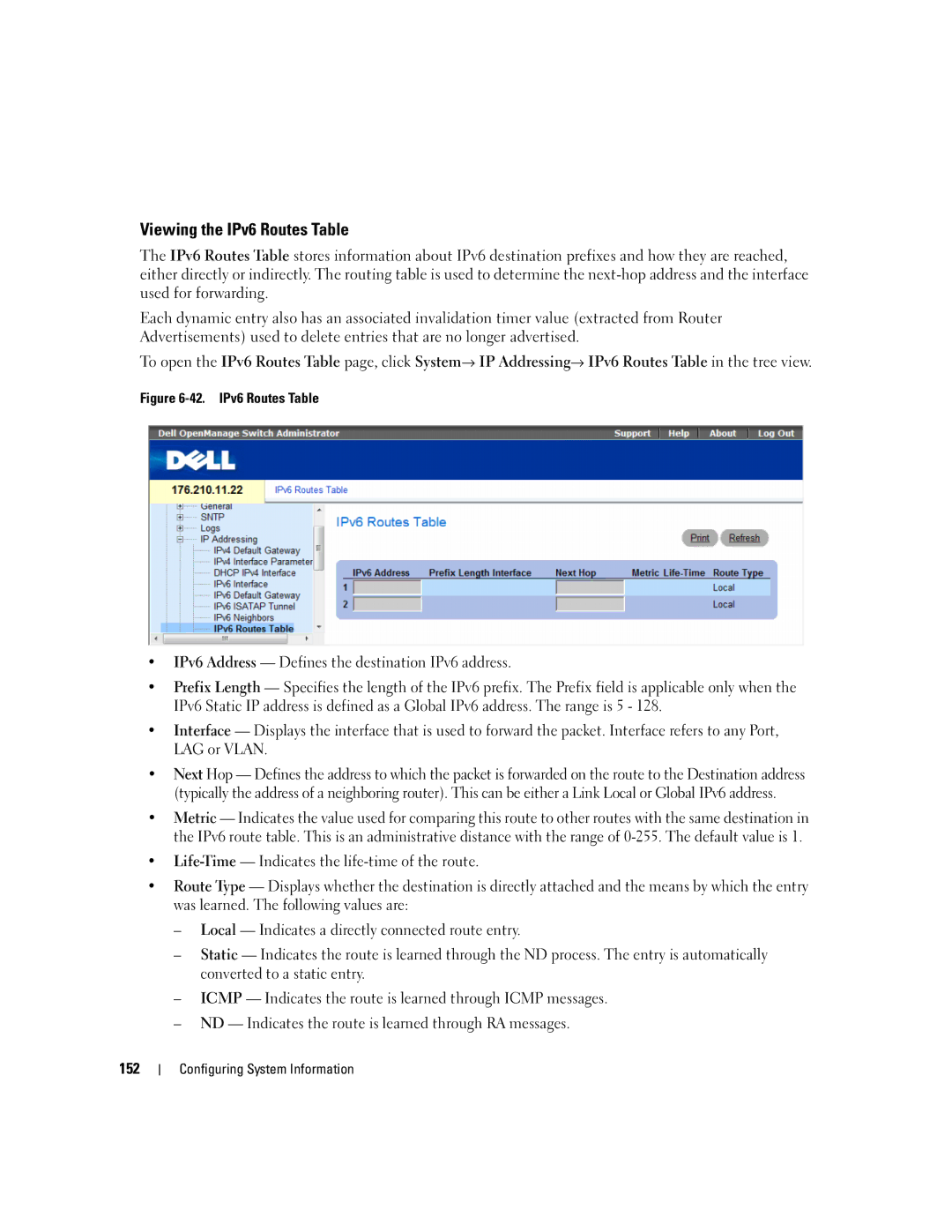 Dell 3548 manual Viewing the IPv6 Routes Table 