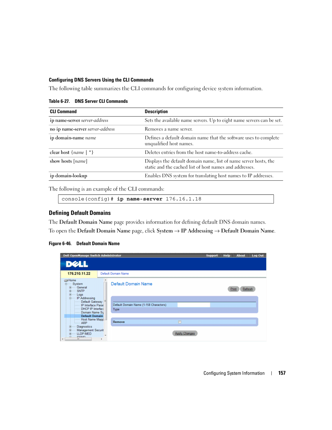 Dell 3548 manual Defining Default Domains, Default Domain Name Configuring System Information 