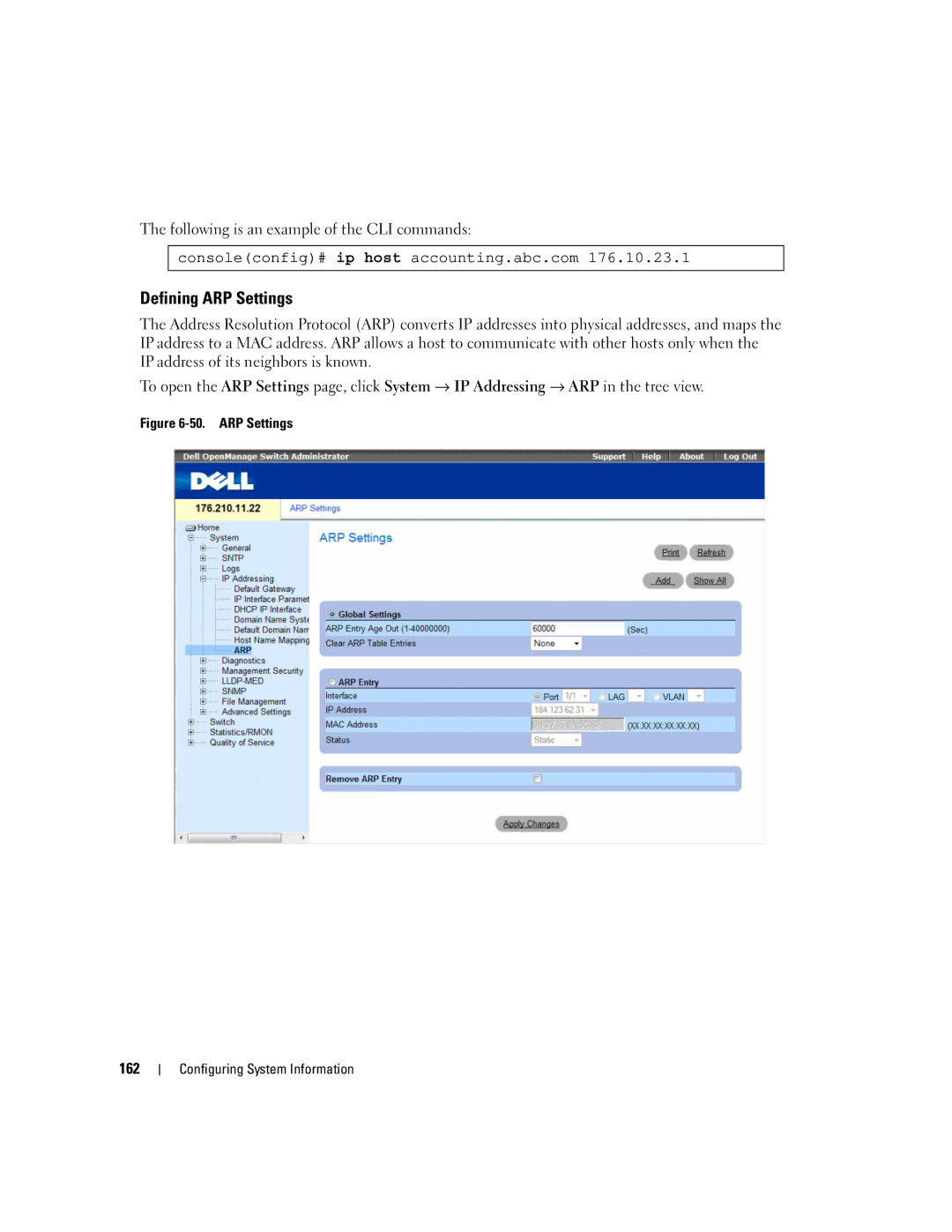 Dell 3548 manual Defining ARP Settings 