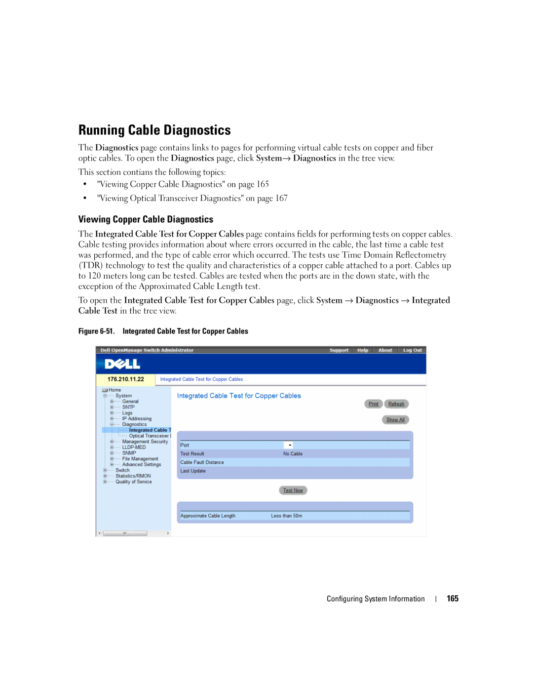 Dell 3548 manual Running Cable Diagnostics, Viewing Copper Cable Diagnostics 