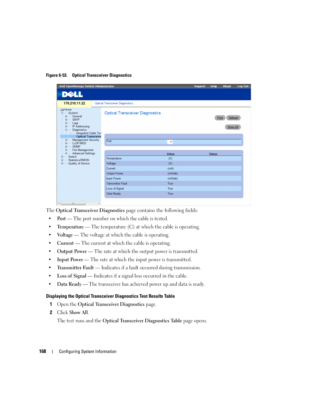 Dell 3548 manual Optical Transceiver Diagnostics 