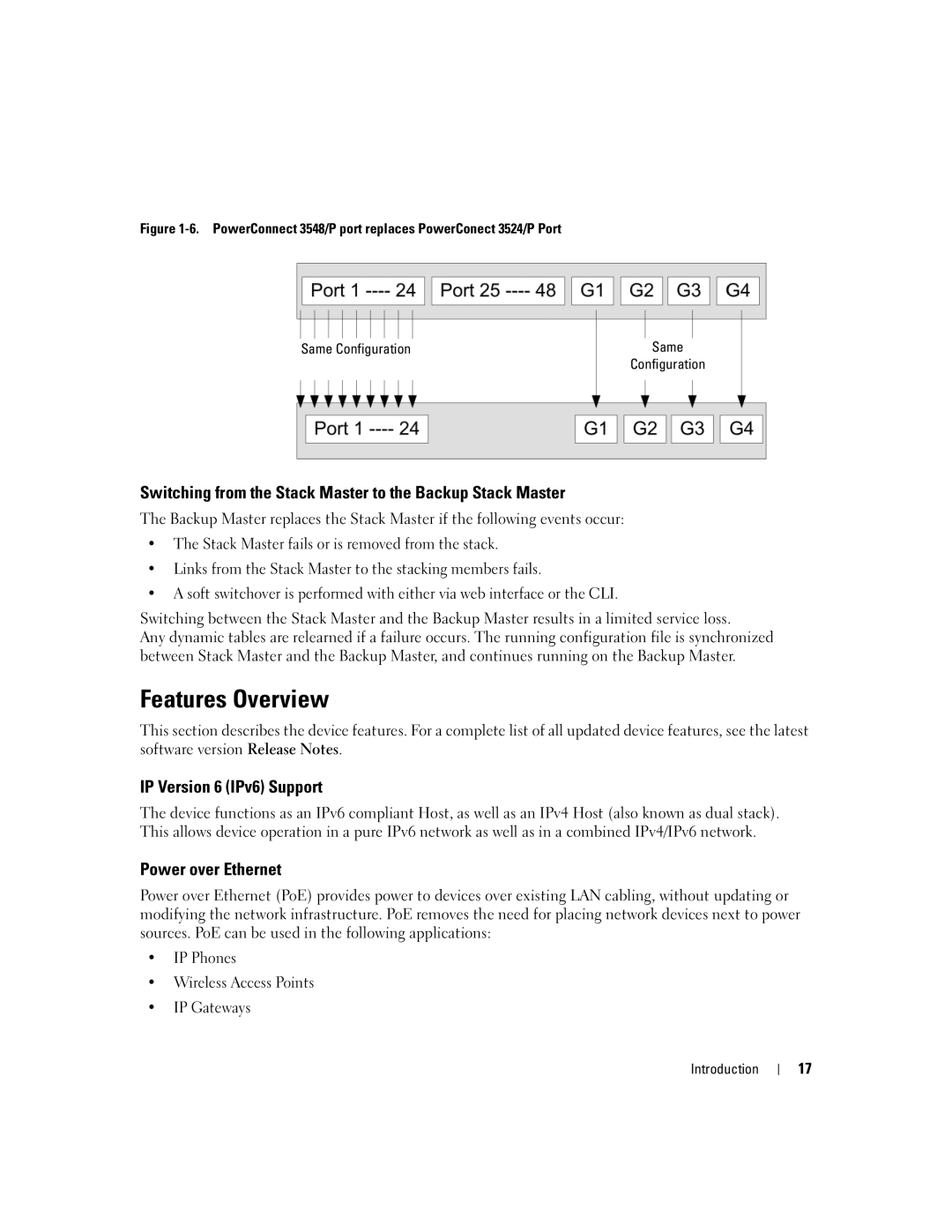 Dell 3548 manual Features Overview, Switching from the Stack Master to the Backup Stack Master, IP Version 6 IPv6 Support 