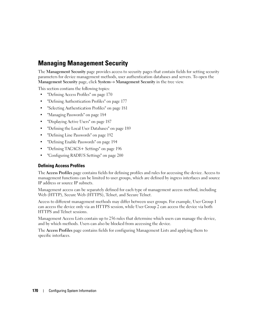 Dell 3548 manual Managing Management Security, Defining Access Profiles 