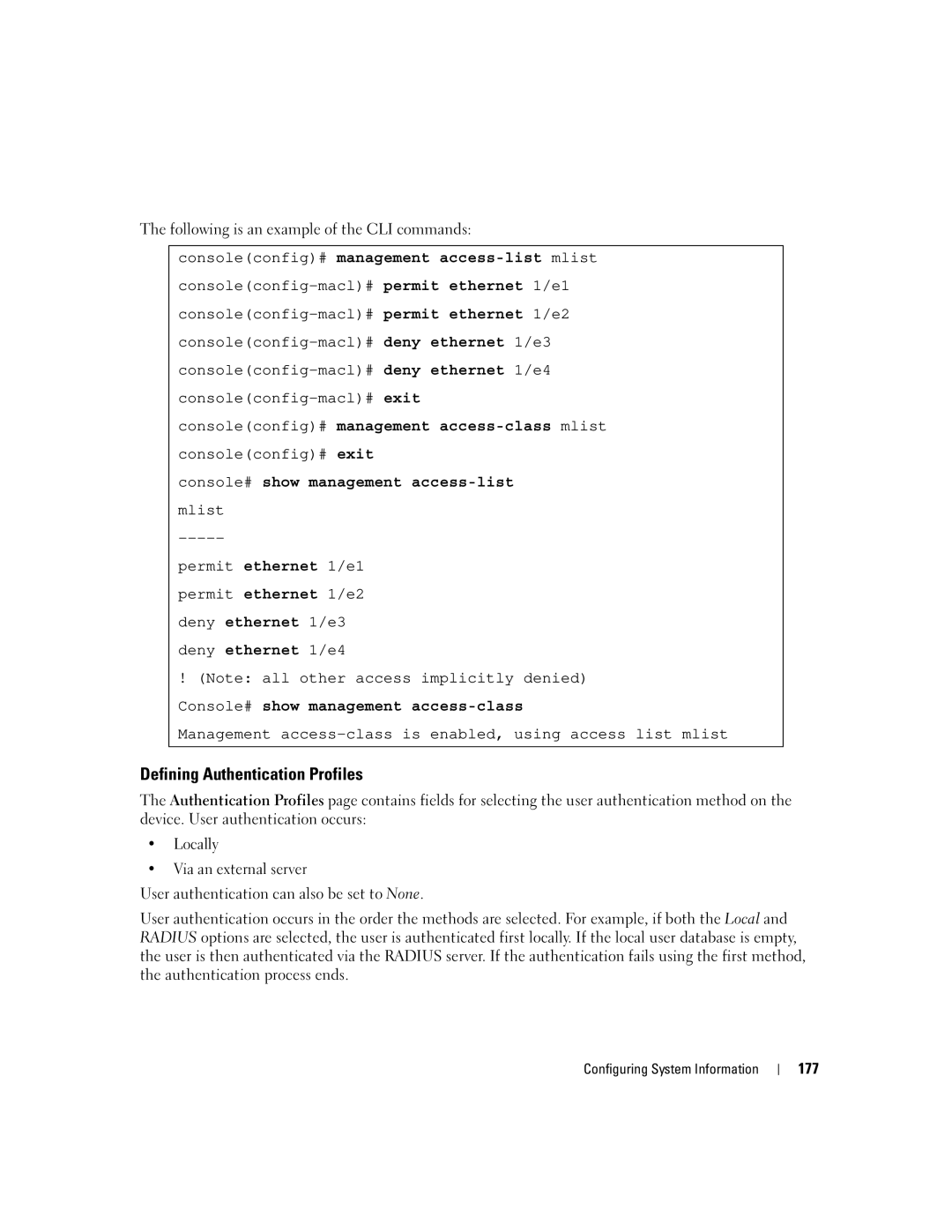 Dell 3548 manual Defining Authentication Profiles, Console# show management access-list mlist 