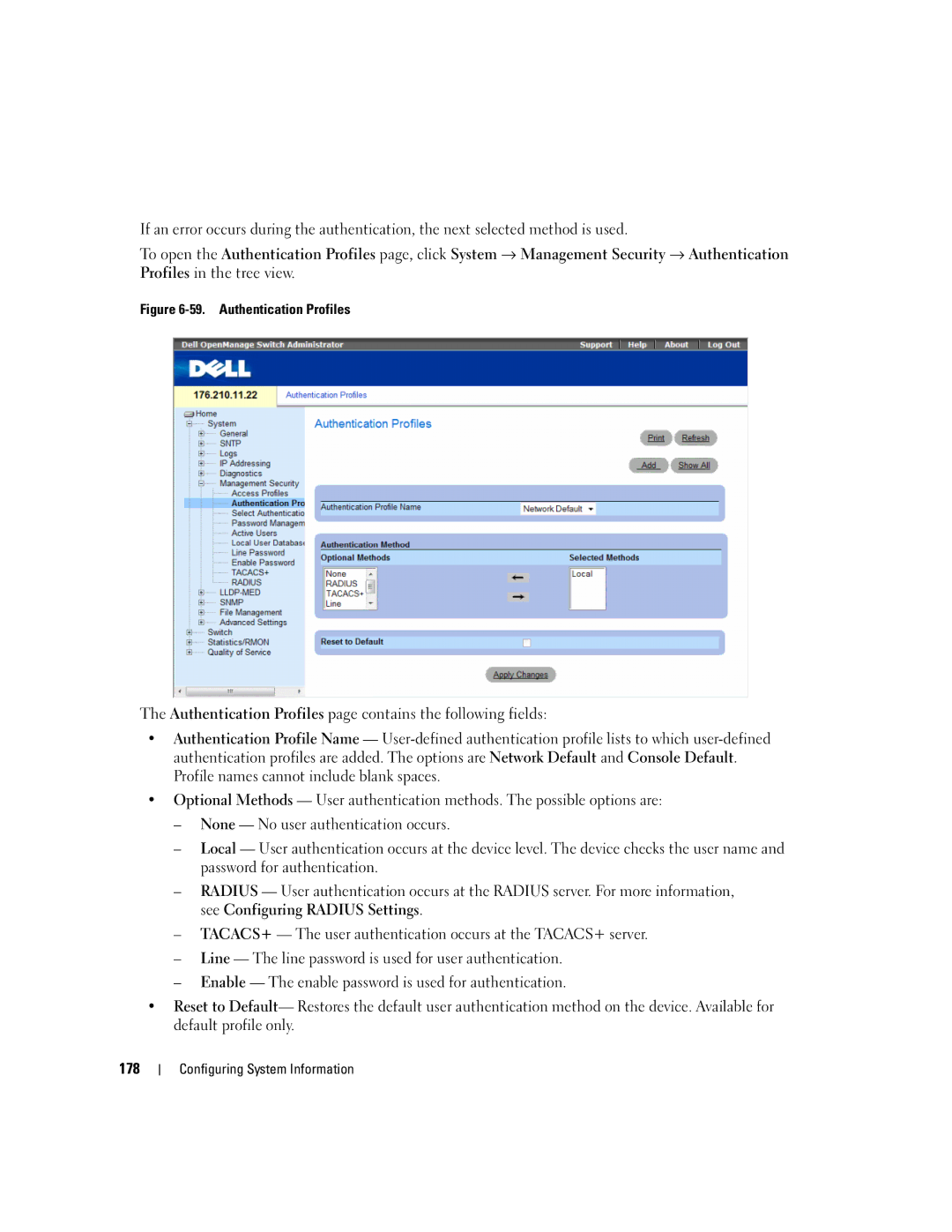 Dell 3548 manual Authentication Profiles 