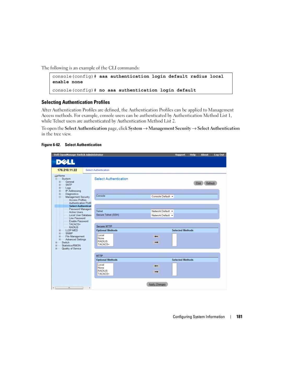 Dell 3548 manual Selecting Authentication Profiles, Select Authentication Configuring System Information 