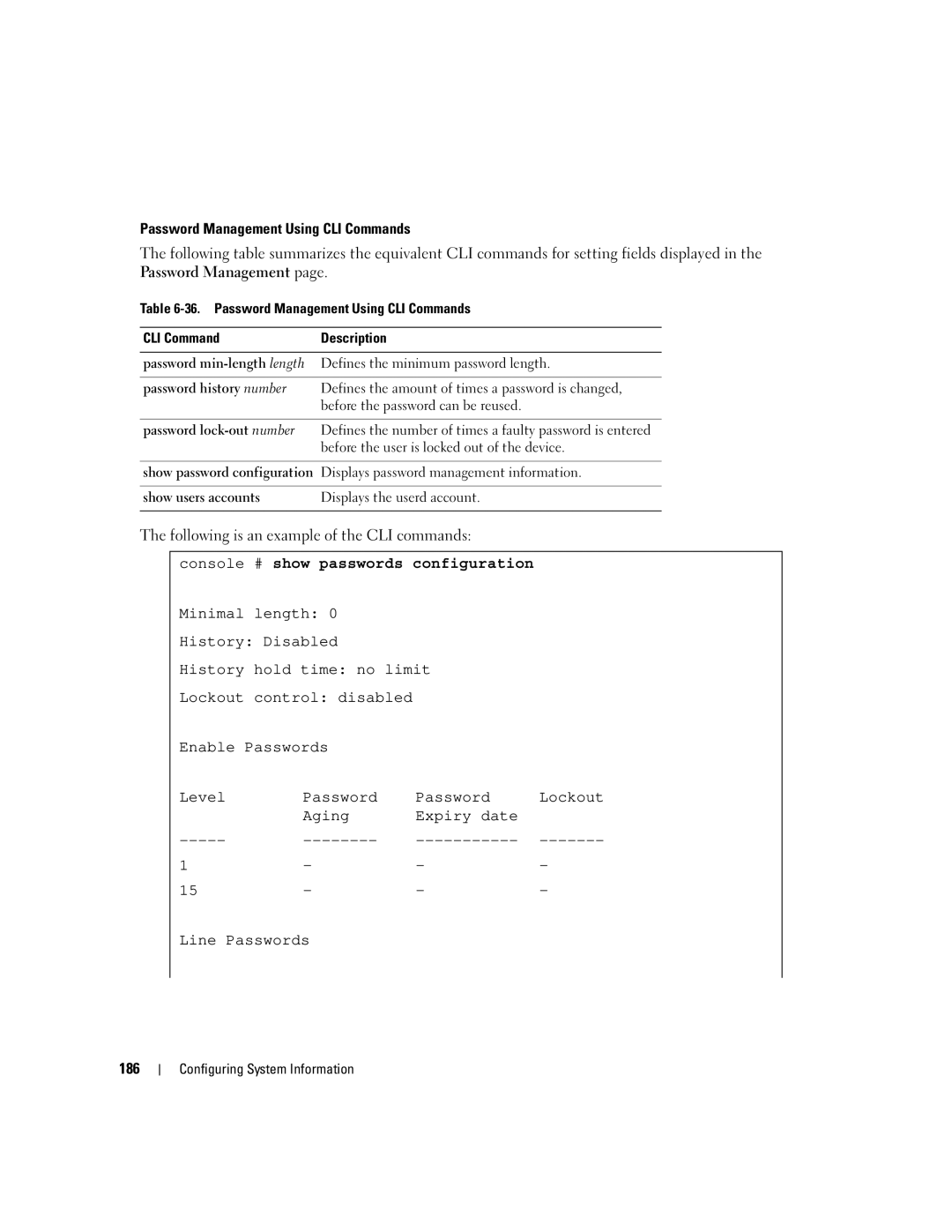 Dell 3548 manual Console # show passwords configuration 