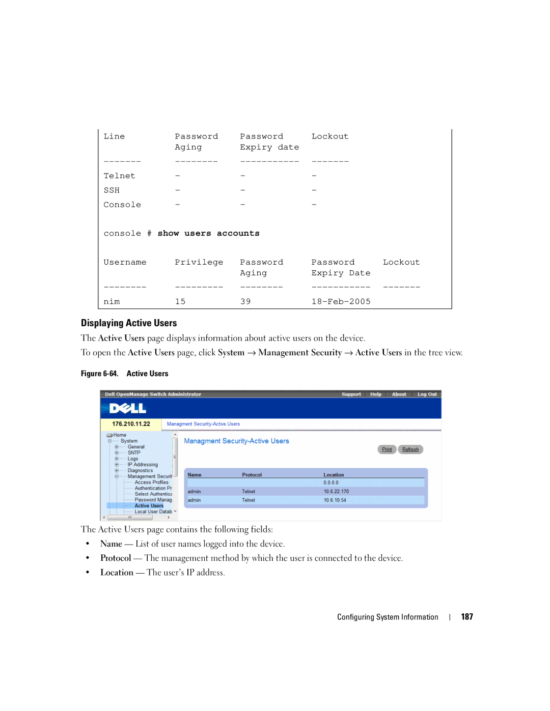 Dell 3548 manual Displaying Active Users, Console # show users accounts 