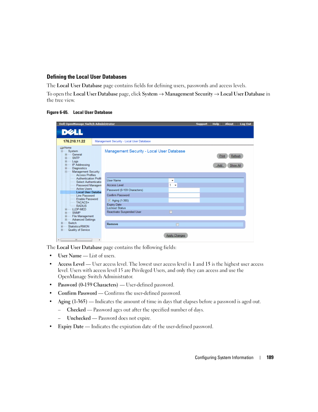 Dell 3548 manual Defining the Local User Databases 