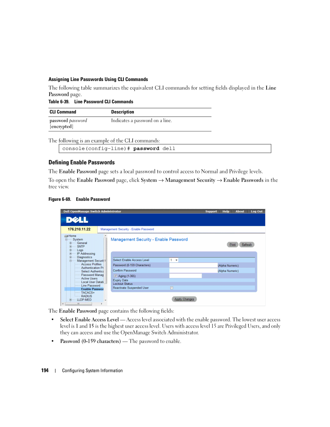 Dell 3548 manual Defining Enable Passwords 