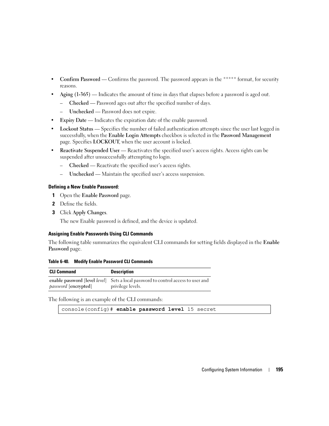 Dell 3548 manual Consoleconfig# enable password level 15 secret 