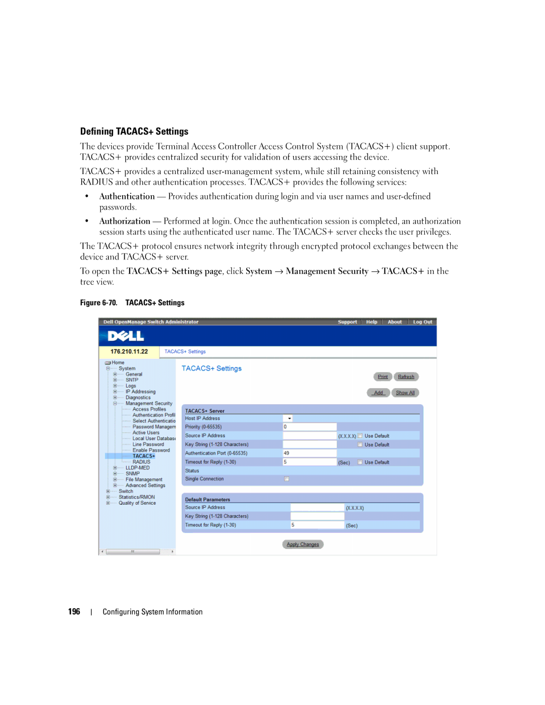 Dell 3548 manual Defining TACACS+ Settings 