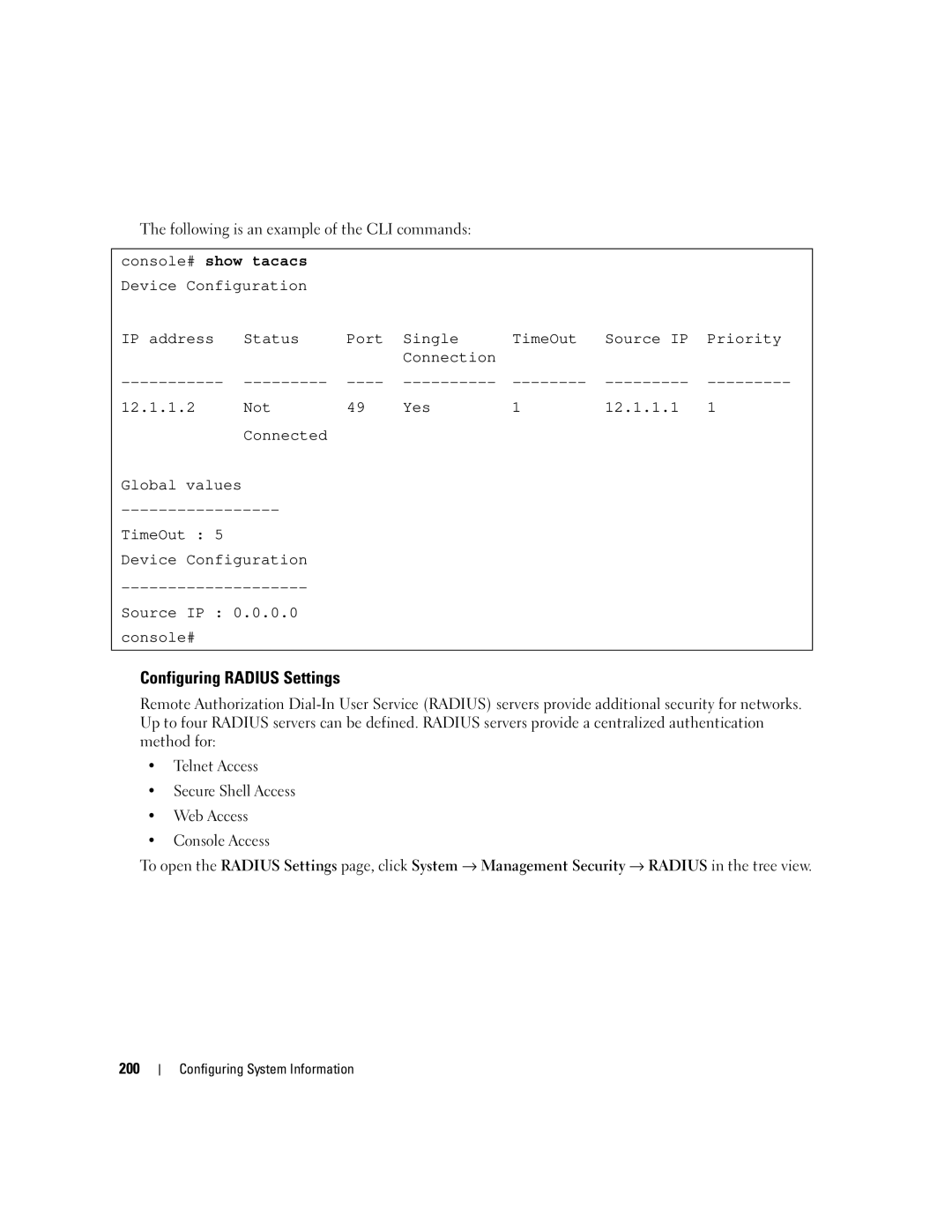 Dell 3548 manual Configuring Radius Settings, Console# show tacacs Device Configuration 