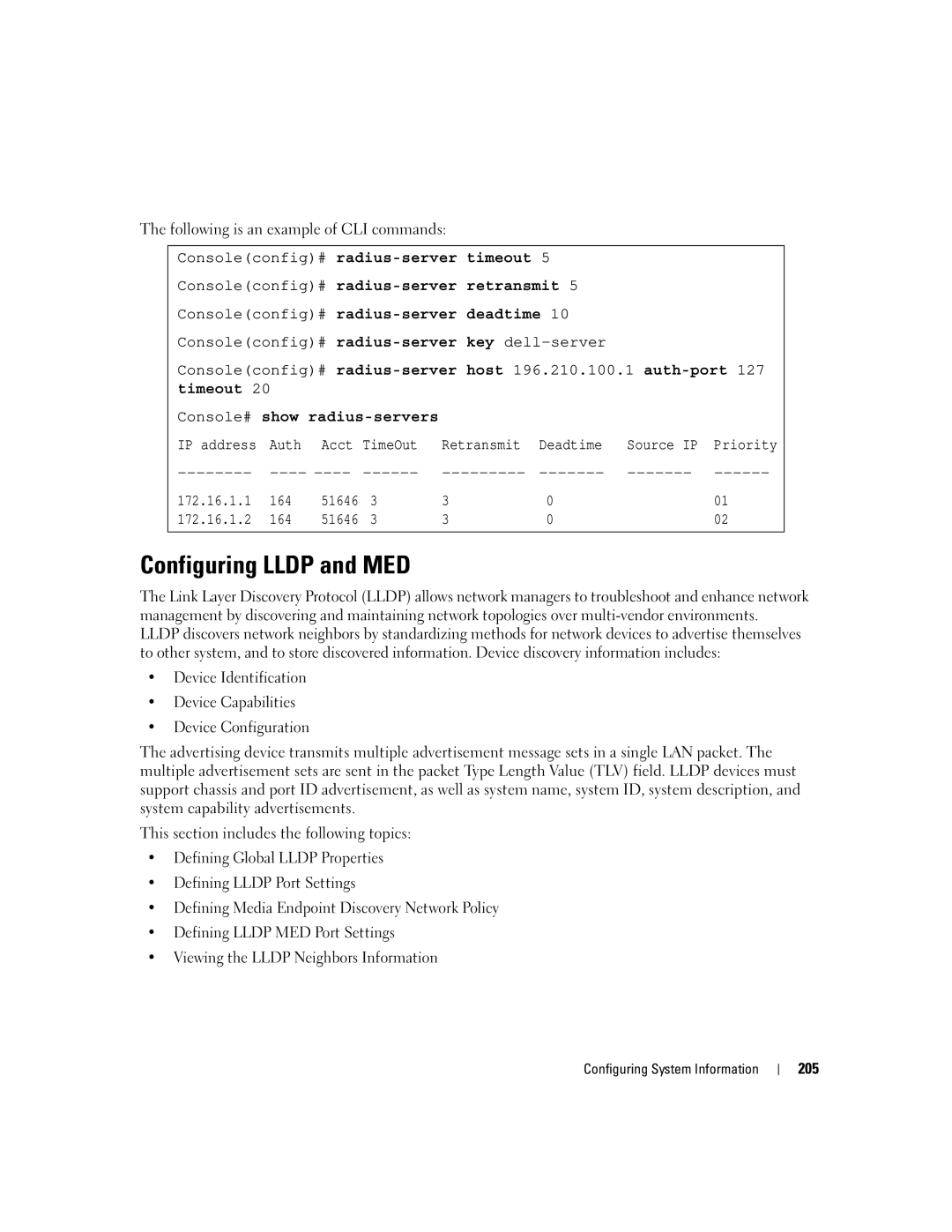 Dell 3548 manual Configuring Lldp and MED, Console# show radius-servers 