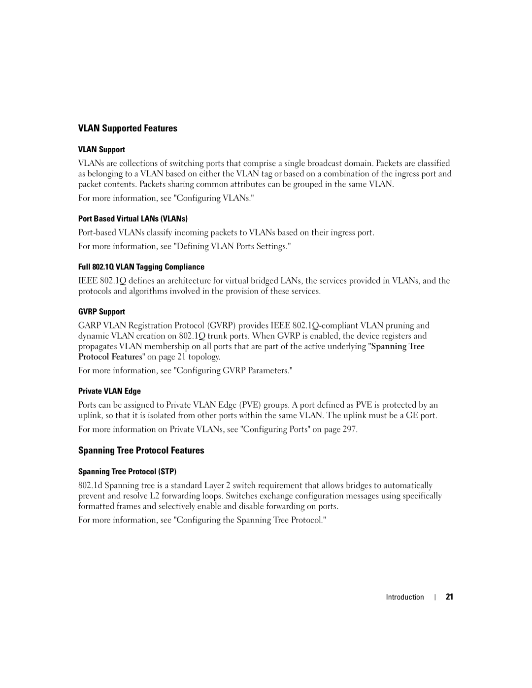 Dell 3548 manual Vlan Supported Features, Spanning Tree Protocol Features 