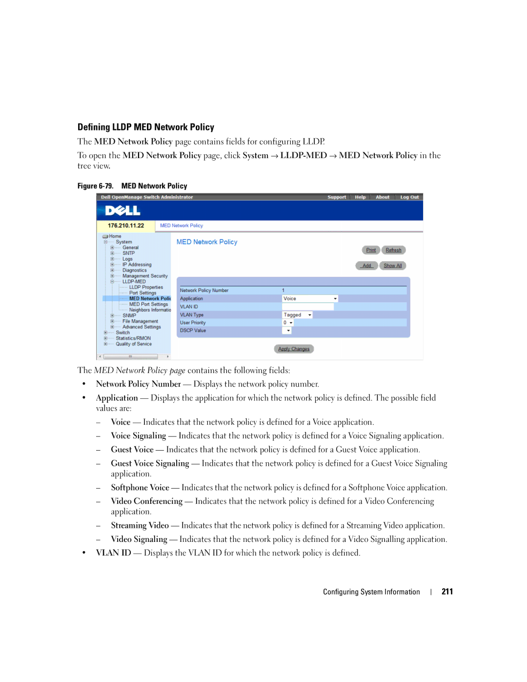 Dell 3548 manual Defining Lldp MED Network Policy 