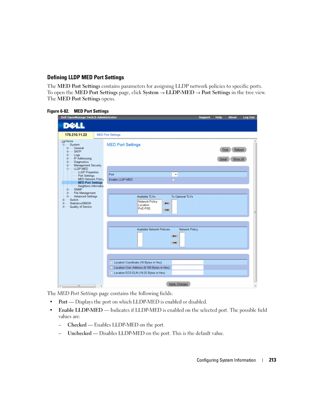 Dell 3548 manual Defining Lldp MED Port Settings 