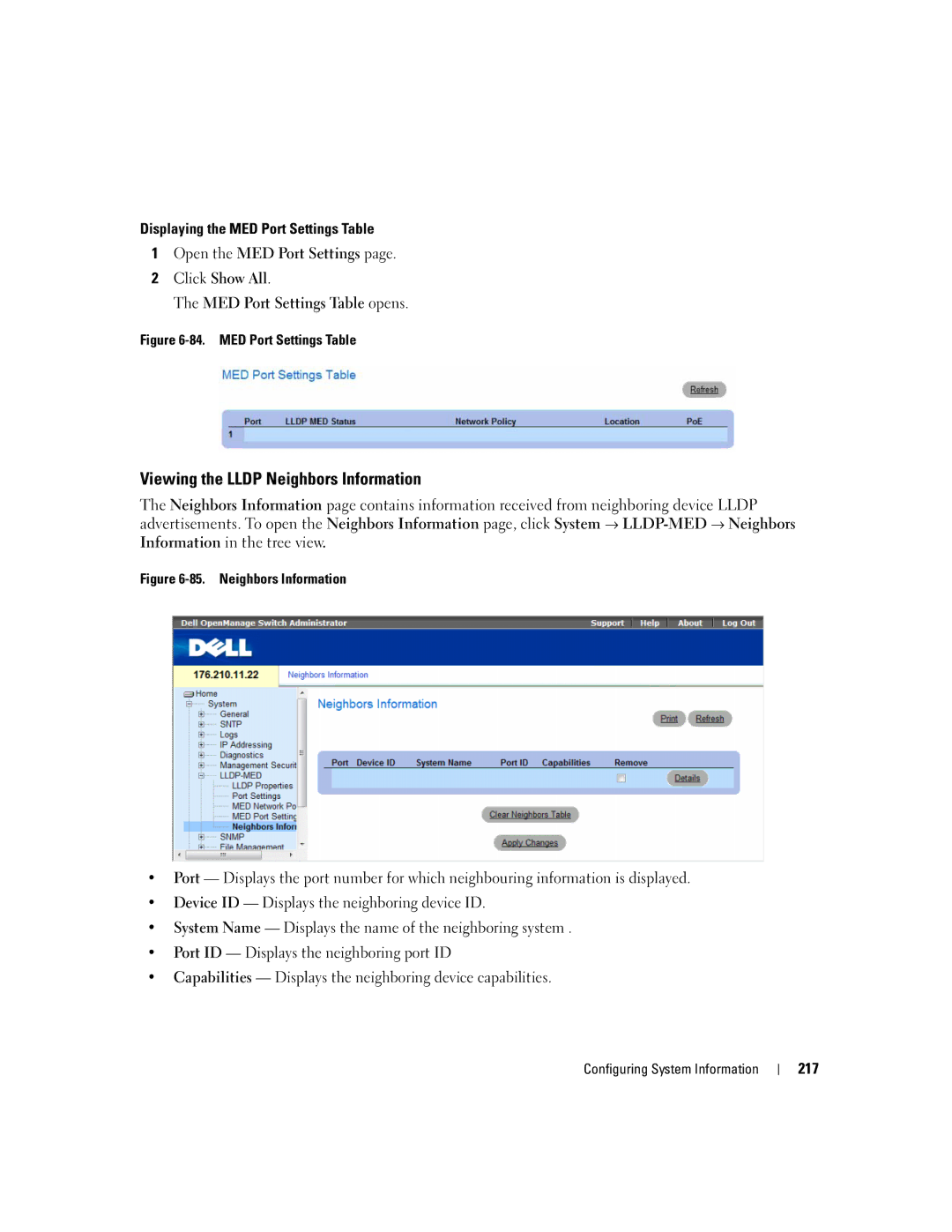 Dell 3548 manual Viewing the Lldp Neighbors Information, MED Port Settings Table 