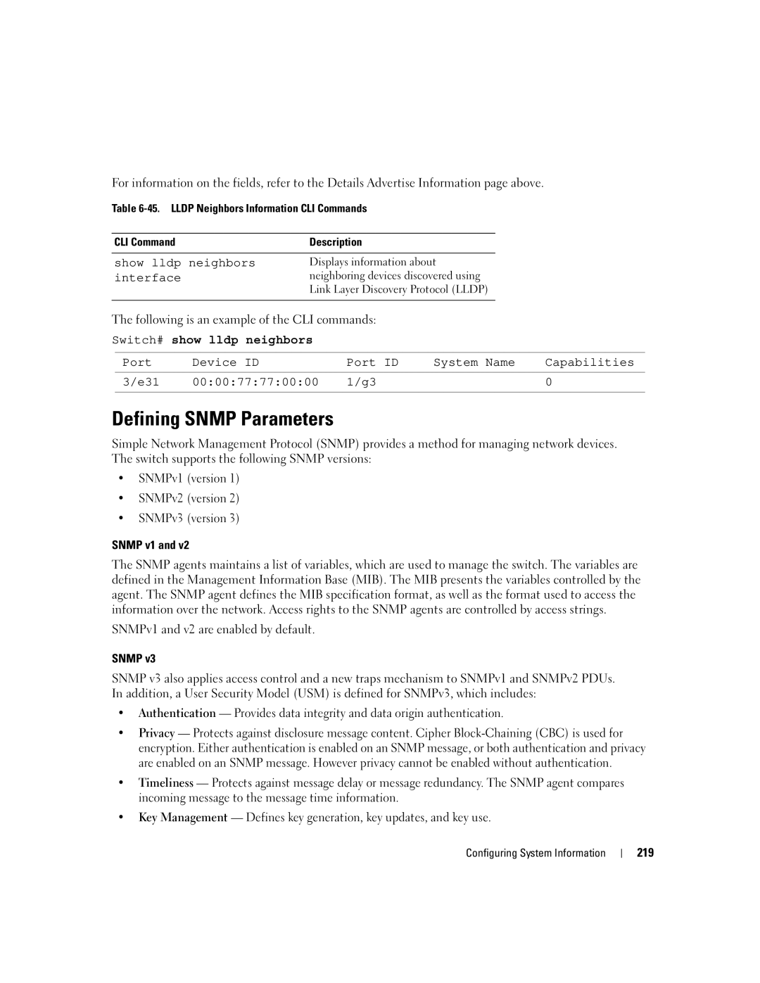 Dell 3548 manual Defining Snmp Parameters, Switch# show lldp neighbors 