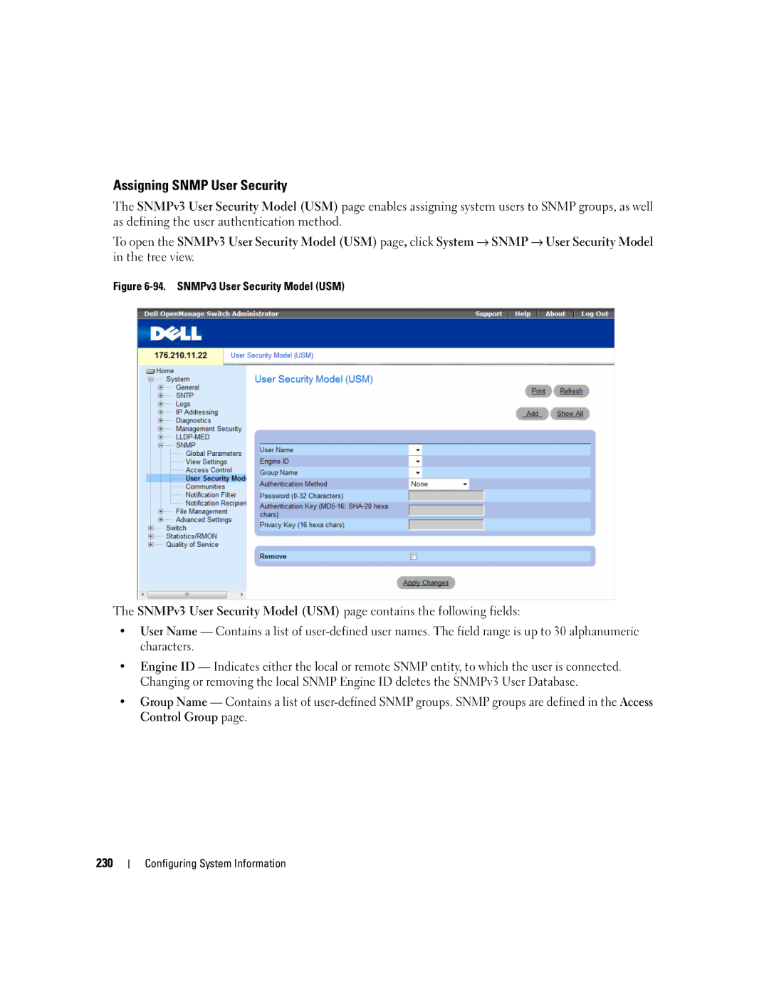 Dell 3548 manual Assigning Snmp User Security, SNMPv3 User Security Model USM 