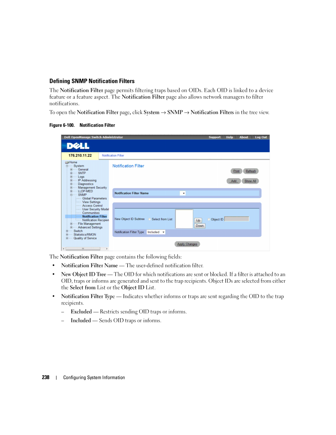 Dell 3548 manual Defining Snmp Notification Filters 