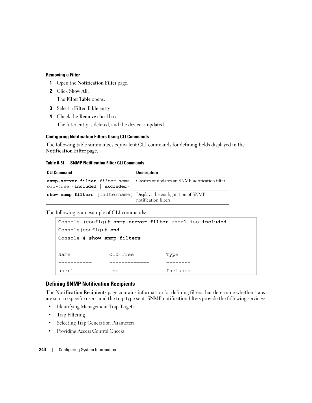 Dell 3548 manual Defining Snmp Notification Recipients, Console # show snmp filters 