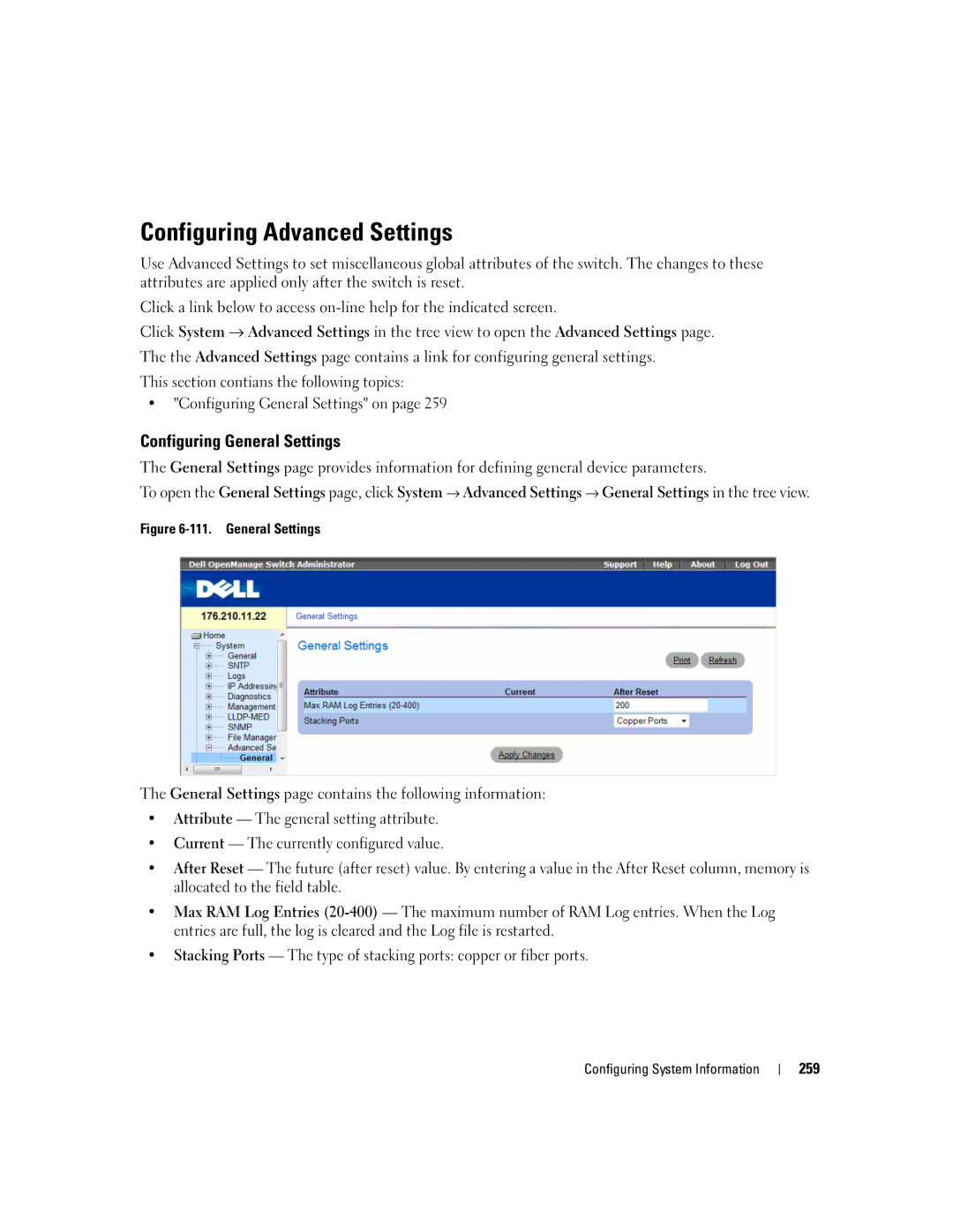 Dell 3548 manual Configuring Advanced Settings, Configuring General Settings 