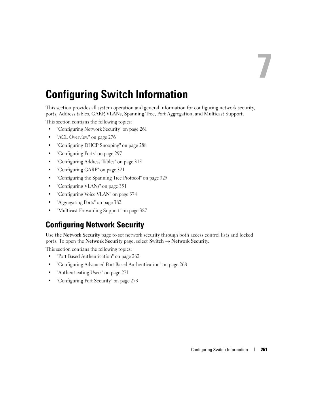 Dell 3548 manual Configuring Switch Information, Configuring Network Security 