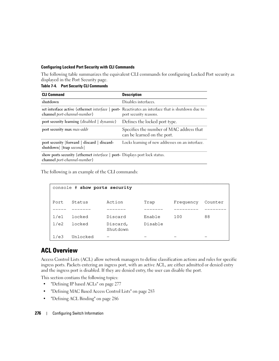 Dell 3548 manual Can be learned on the port, Console # show ports security 