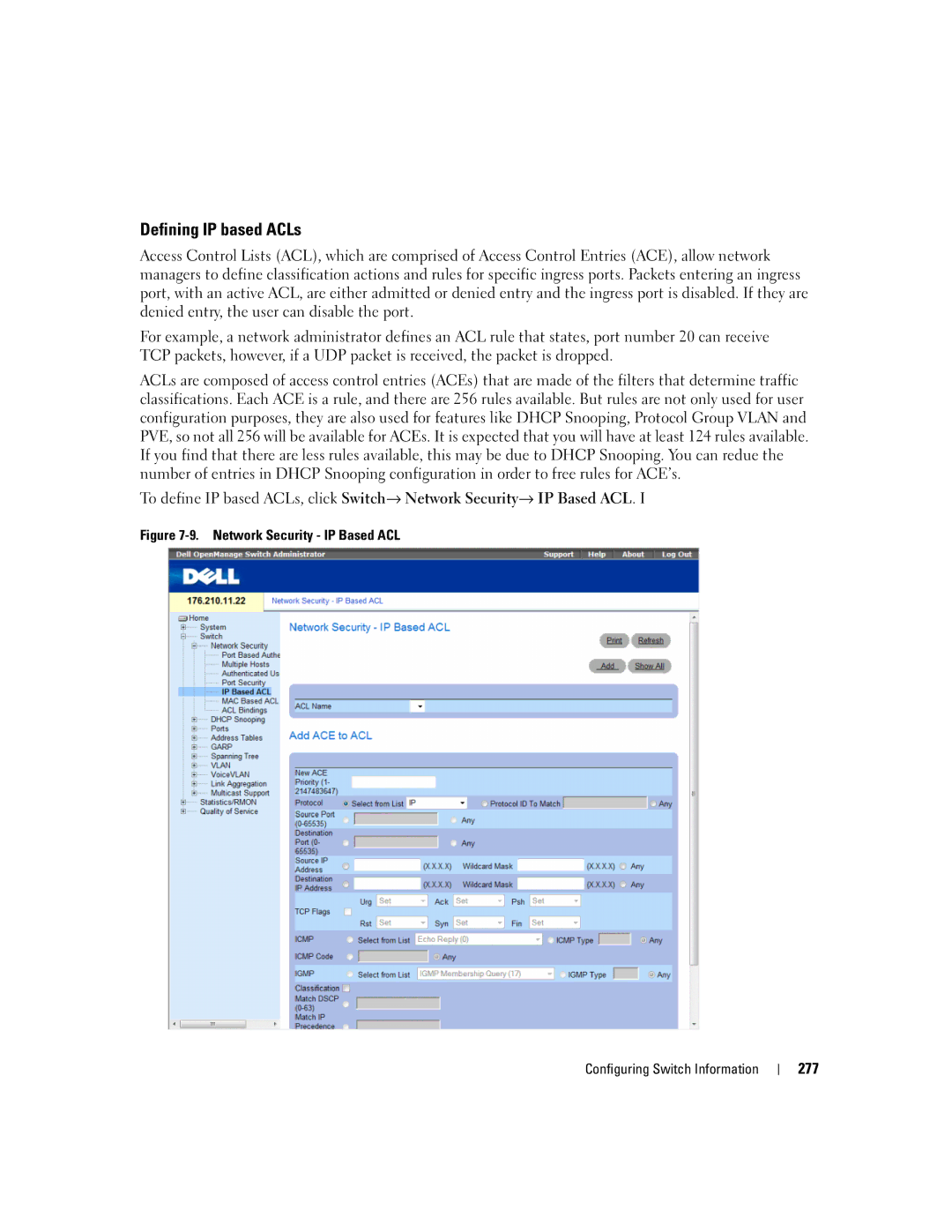 Dell 3548 manual Defining IP based ACLs, Network Security IP Based ACL Configuring Switch Information 