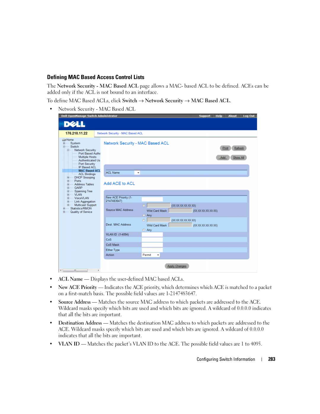 Dell 3548 manual Defining MAC Based Access Control Lists 