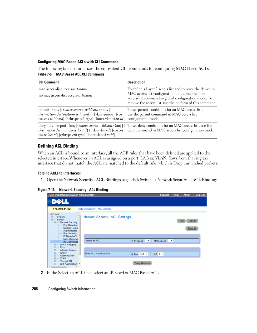 Dell 3548 manual Defining ACL Binding, Network Security ACL Binding 