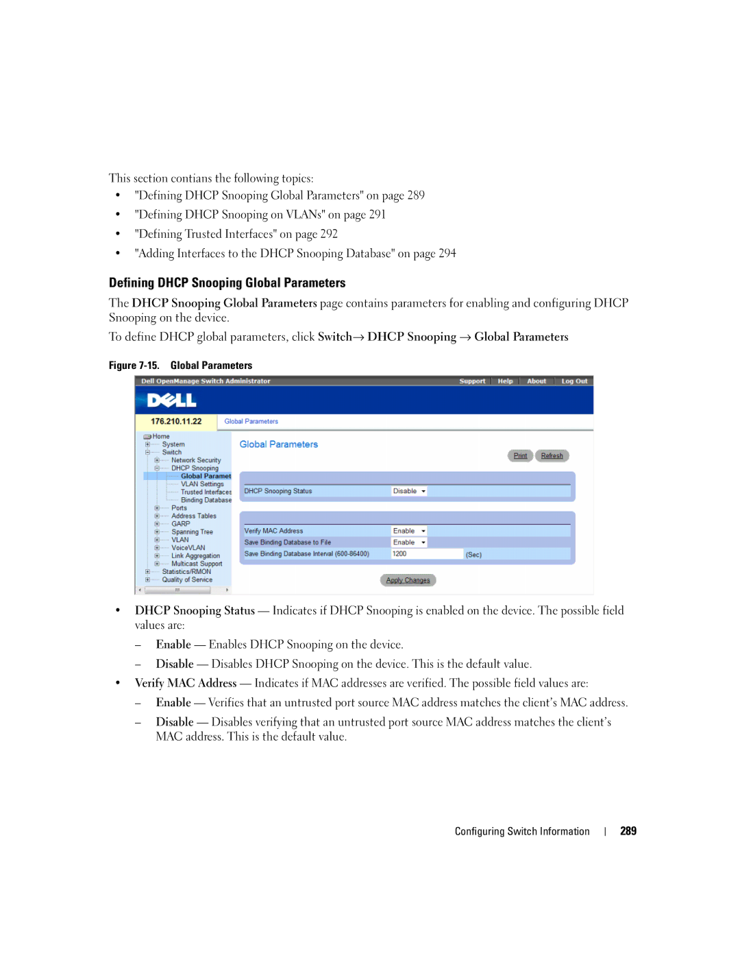 Dell 3548 manual Defining Dhcp Snooping Global Parameters 