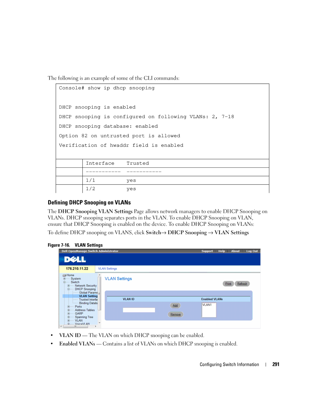 Dell 3548 manual Defining Dhcp Snooping on VLANs, Vlan Settings 