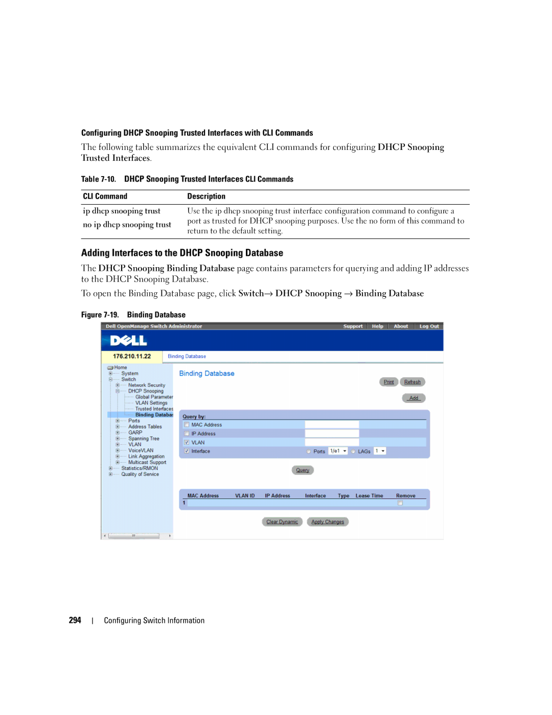 Dell 3548 manual Adding Interfaces to the Dhcp Snooping Database, Binding Database 