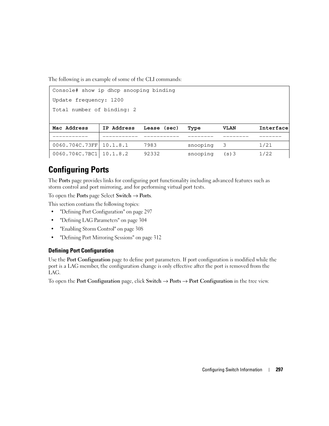 Dell 3548 manual Configuring Ports, Defining Port Configuration, Mac Address IP Address Lease sec Type, Interface 