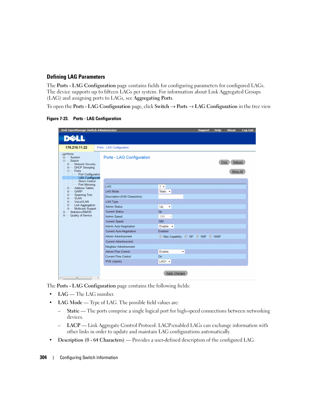 Dell 3548 manual Defining LAG Parameters, Ports LAG Configuration 