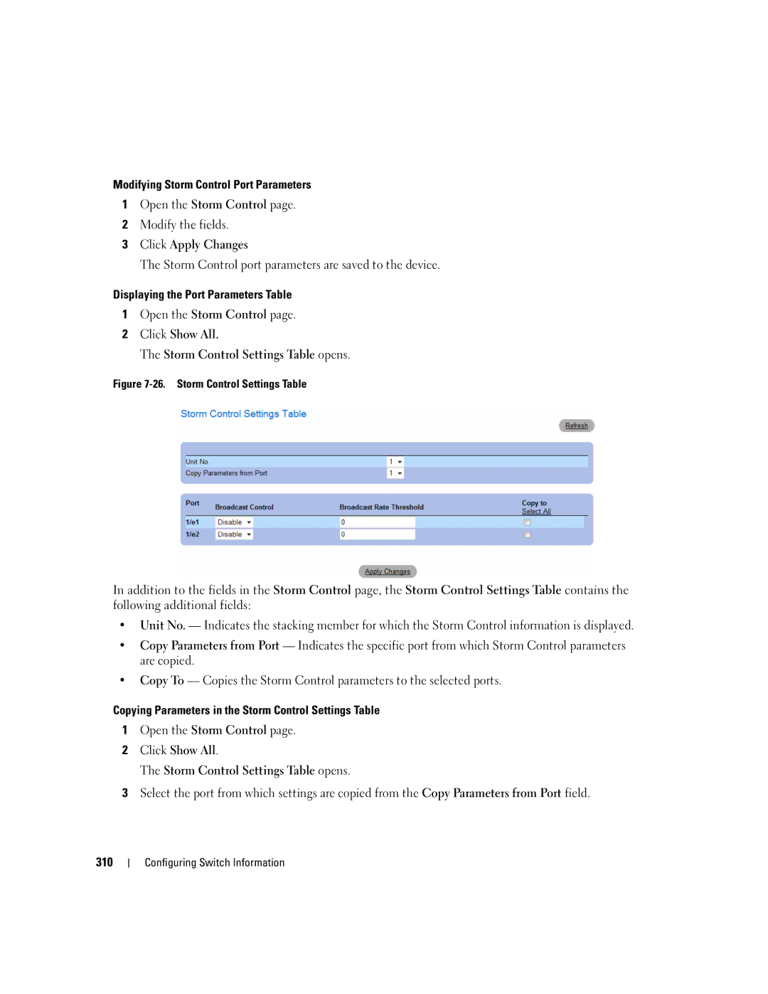 Dell 3548 manual Storm Control Settings Table 