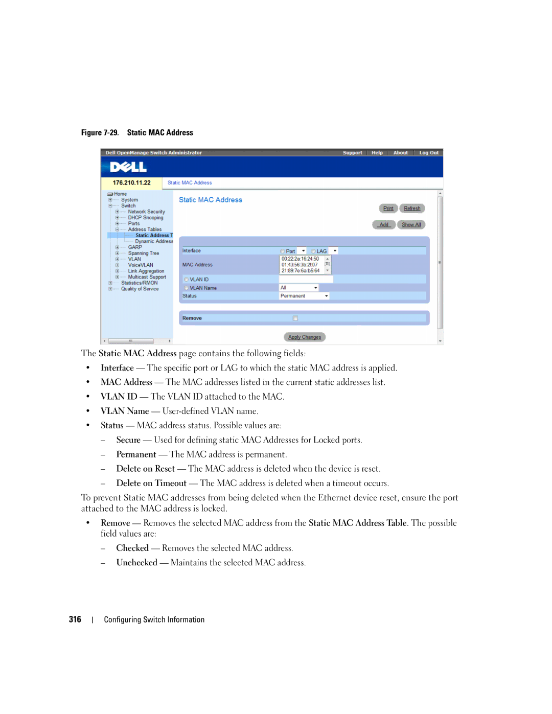 Dell 3548 manual Static MAC Address 