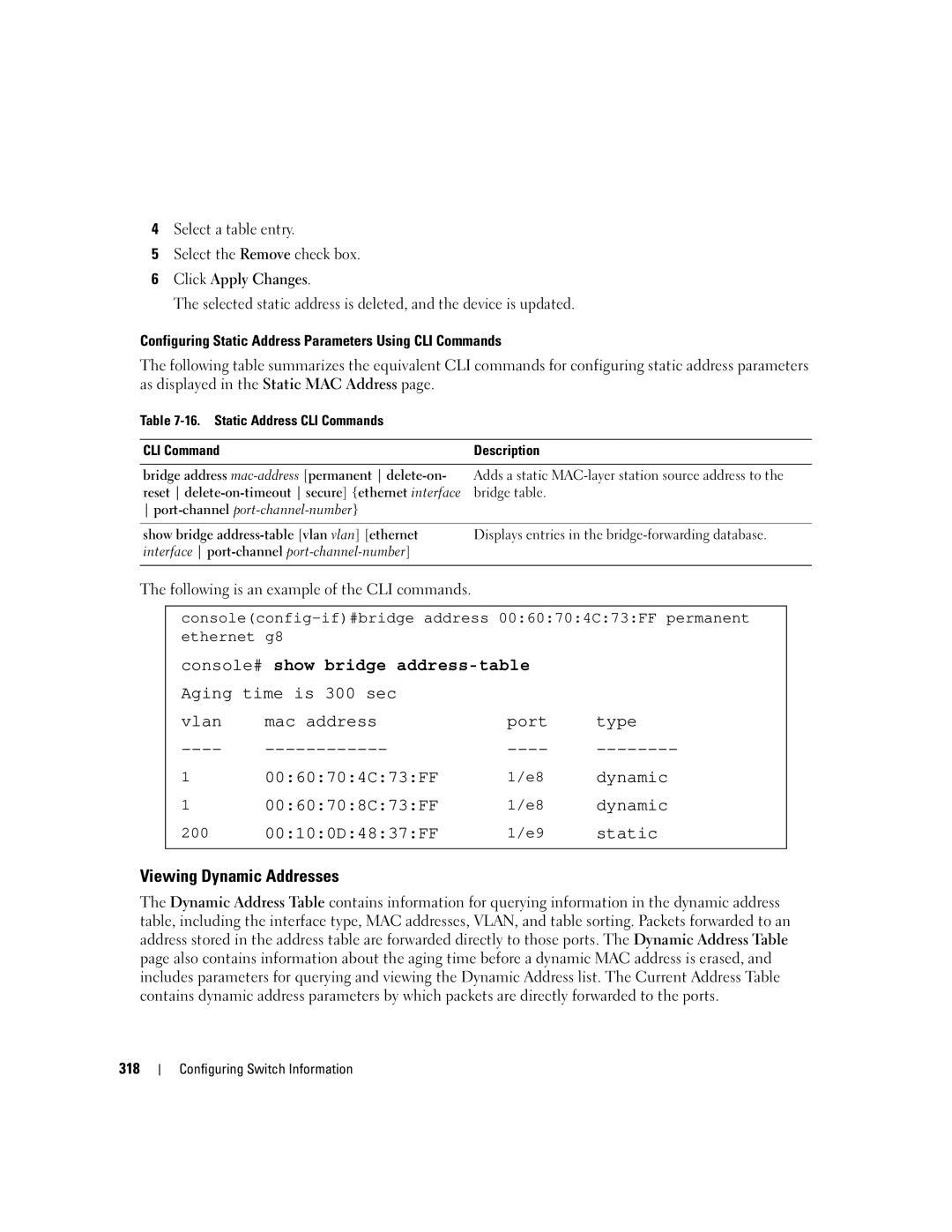 Dell 3548 manual Console# show bridge address-table, Viewing Dynamic Addresses 