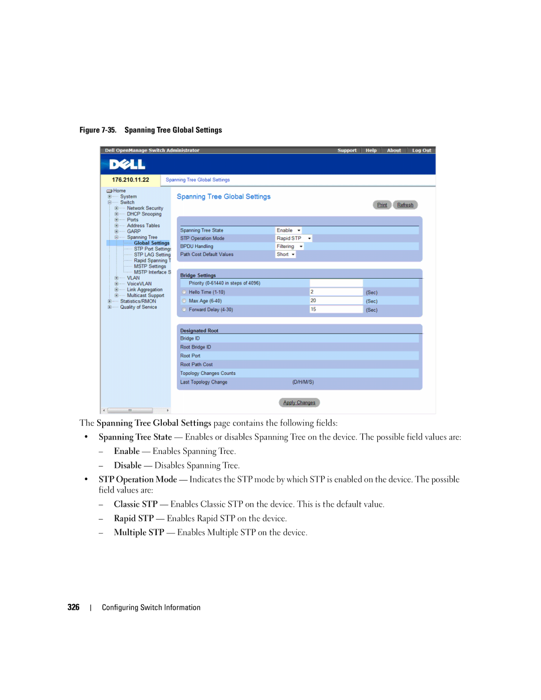 Dell 3548 manual Spanning Tree Global Settings 