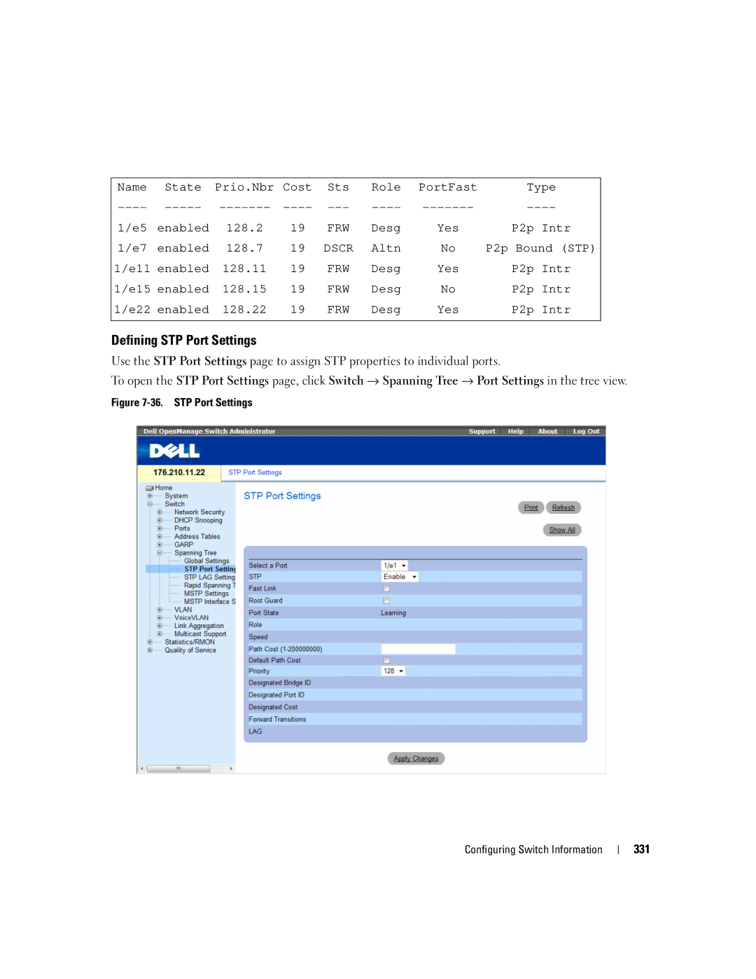 Dell 3548 manual Defining STP Port Settings, STP Port Settings Configuring Switch Information 