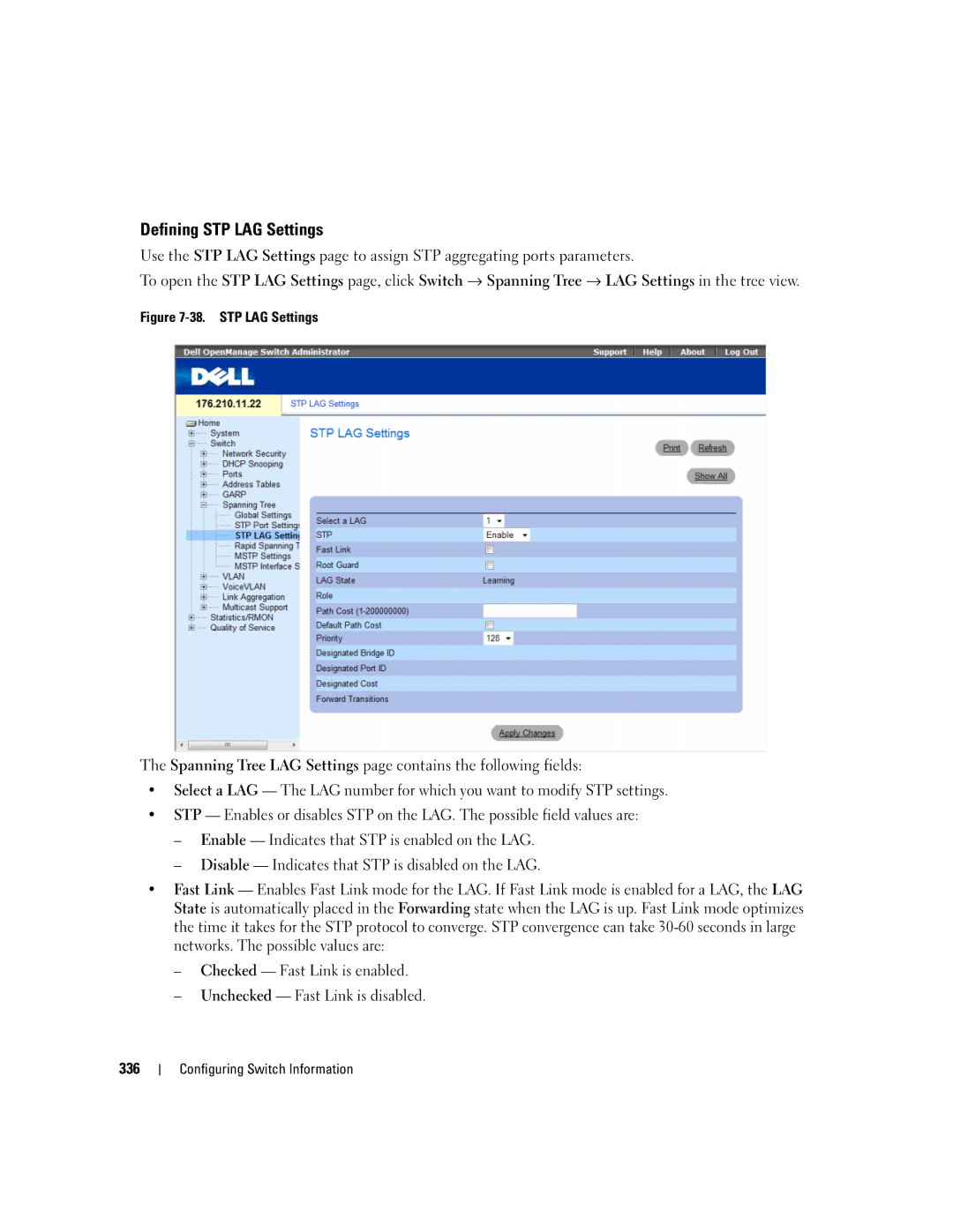 Dell 3548 manual Defining STP LAG Settings 