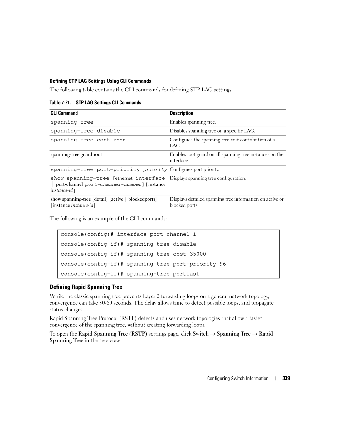 Dell 3548 manual Defining Rapid Spanning Tree, Defining STP LAG Settings Using CLI Commands 