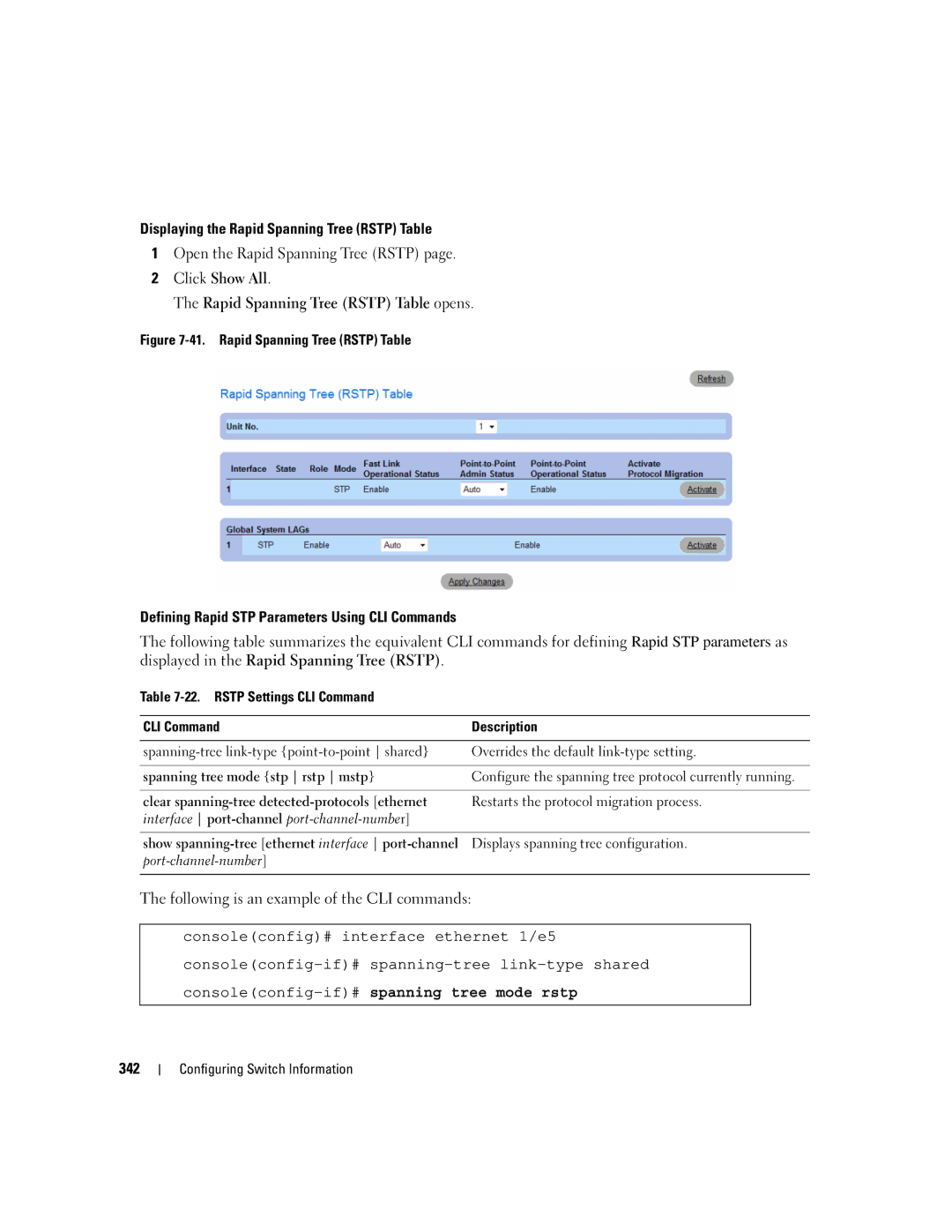 Dell 3548 manual Consoleconfig-if#spanning tree mode rstp, Rapid Spanning Tree Rstp Table 