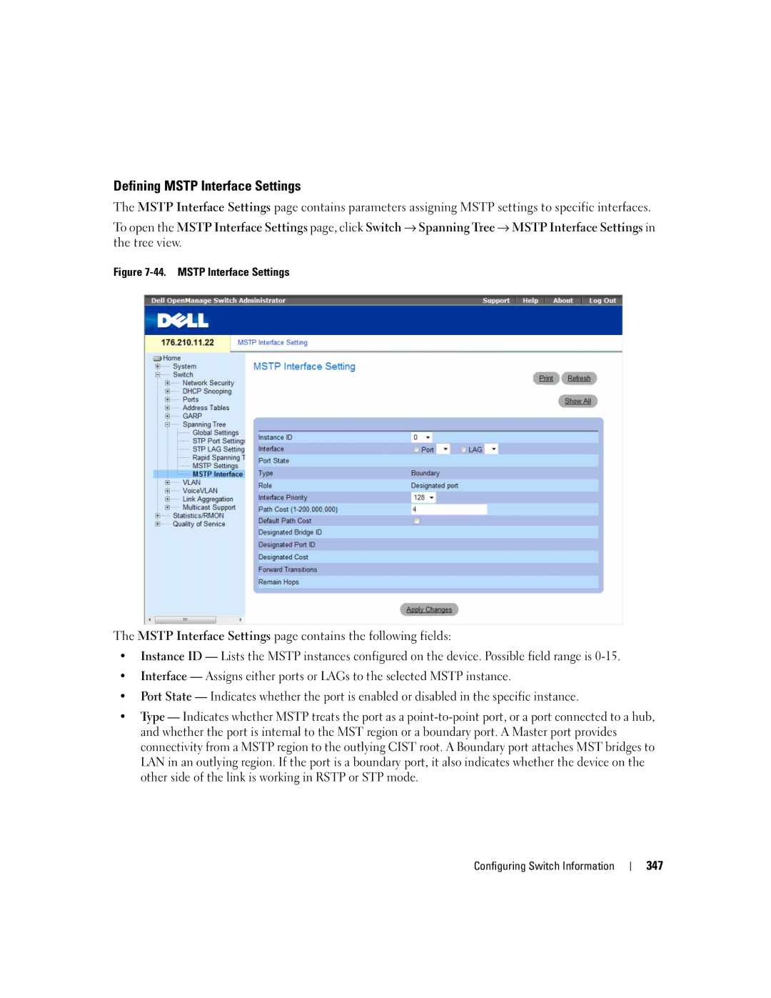 Dell 3548 manual Defining Mstp Interface Settings 